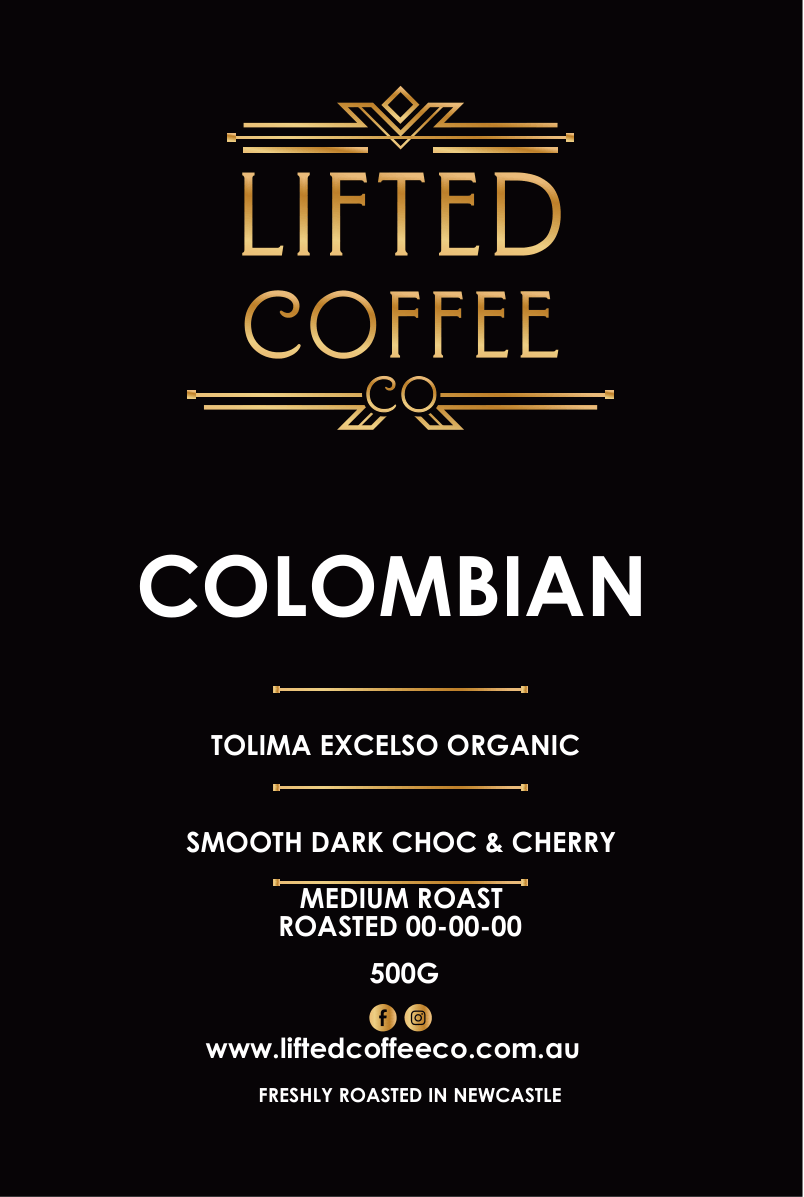 Lifted Coffee Co Colombian coffee package with branding and product details on a black background