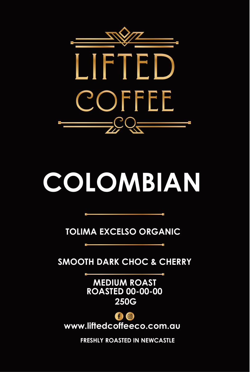 Lifted Coffee Co Colombian coffee package with gold and white text on a black background