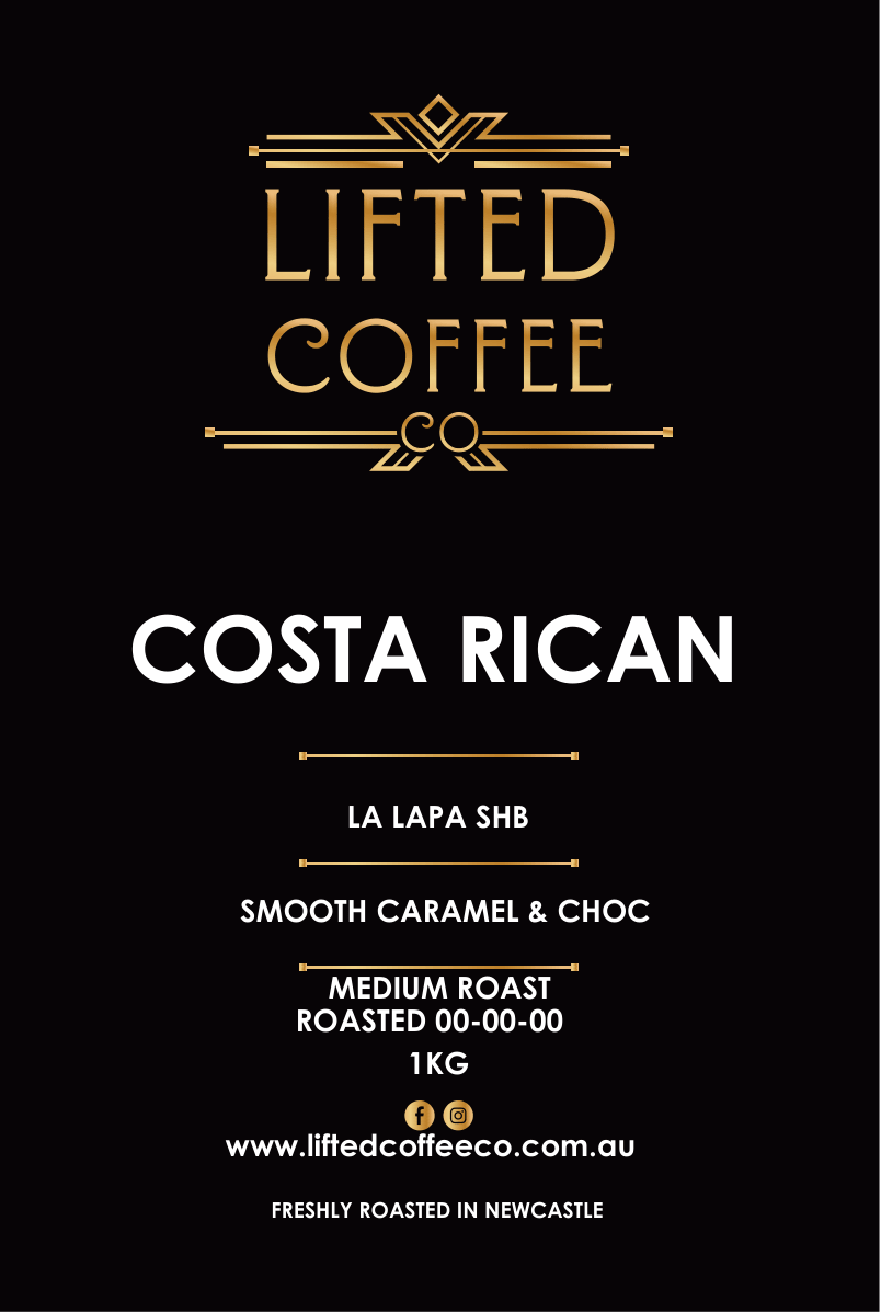 Lifted Coffee Co Costa Rican coffee label with details on a black background