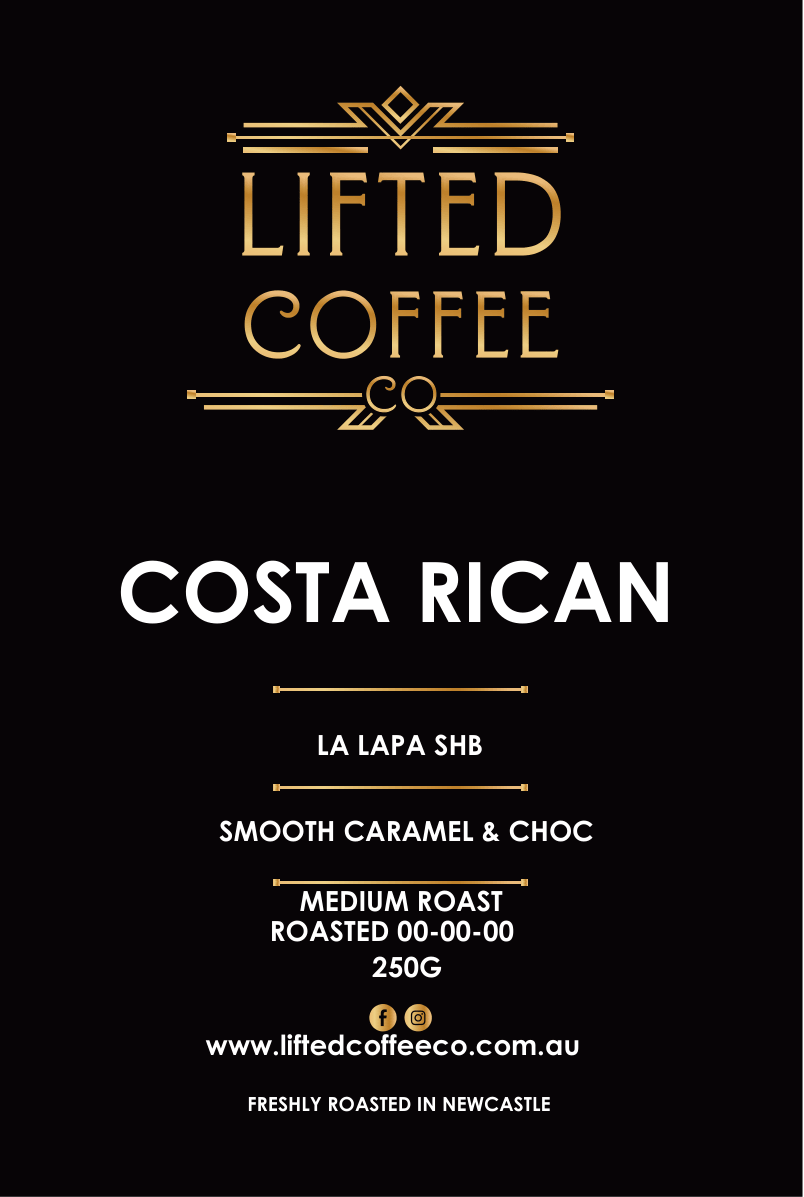 Lifted Coffee Co Costa Rican coffee label with details on a black background