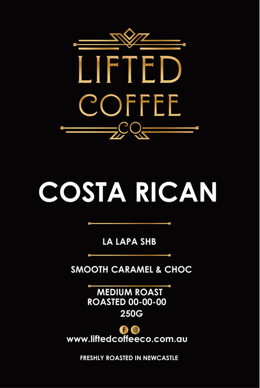 Lifted Coffee Co Costa Rican coffee label with details on a black background