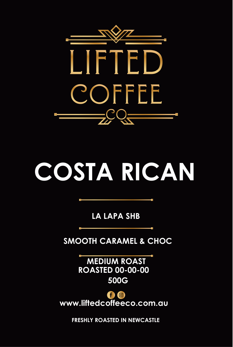 Lifted Coffee Co Costa Rican coffee label with details on a black background