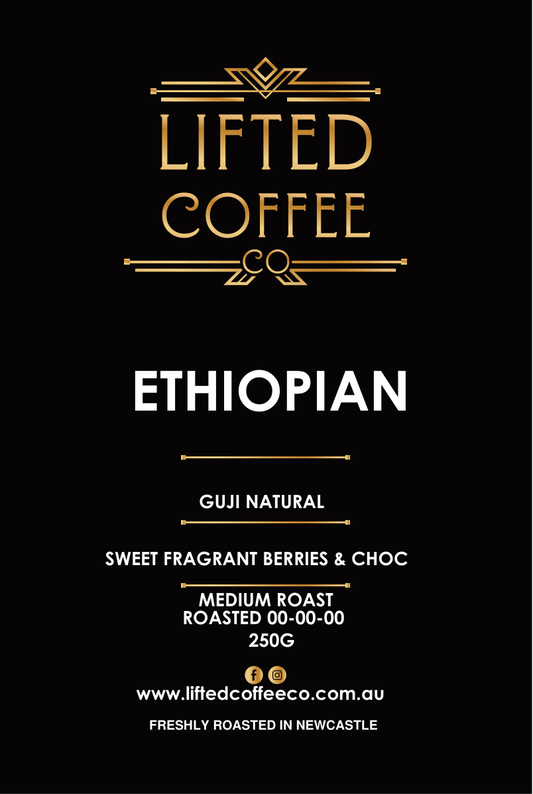 Lifted Coffee Co Ethiopian coffee package with text details on a black background