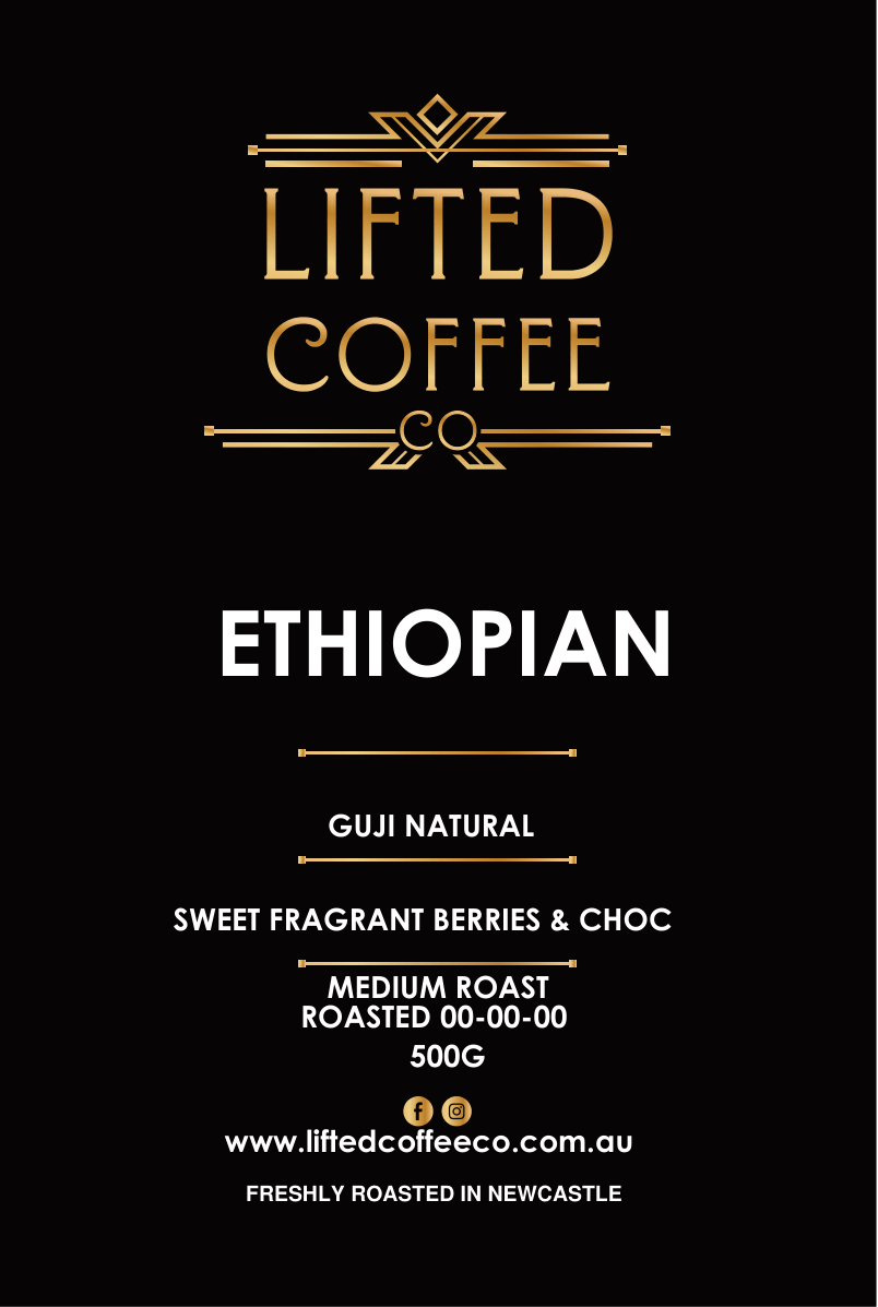 Lifted Coffee Co Ethiopian coffee package with text details on a black background