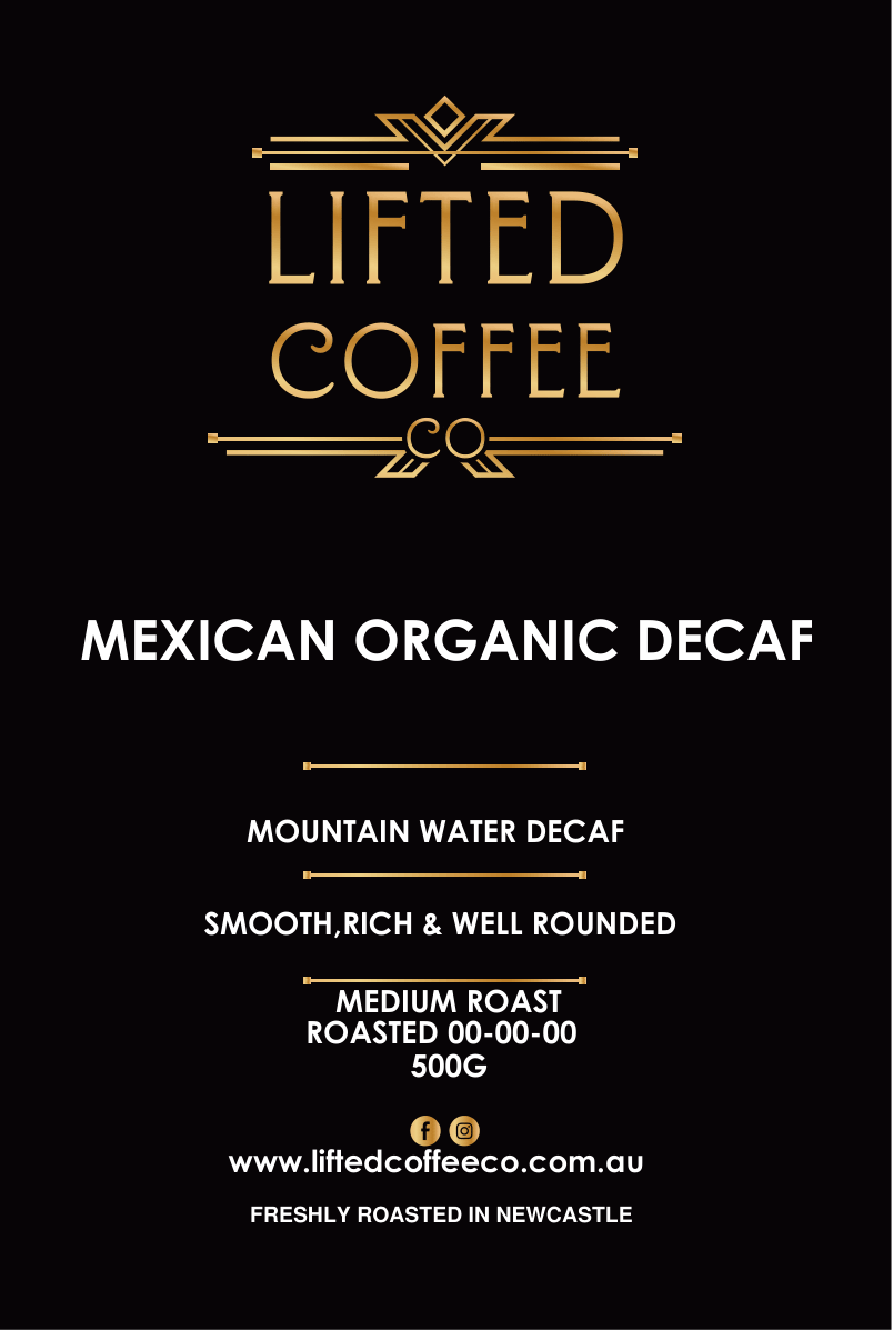 Lifted Coffee Co. Mexican Organic Decaf coffee package with branding and product details on a black background.