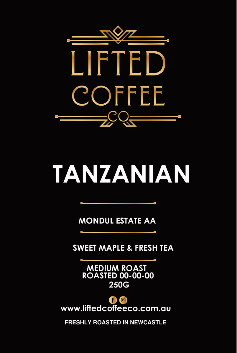 Lifted Coffee Co. Tanzania coffee package with branding and roast details on a black background